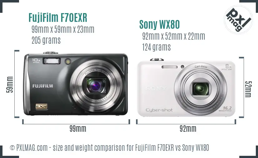 FujiFilm F70EXR vs Sony WX80 size comparison