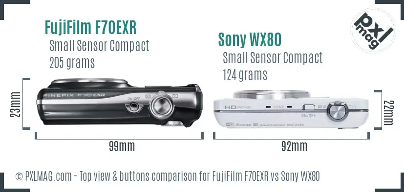 FujiFilm F70EXR vs Sony WX80 top view buttons comparison