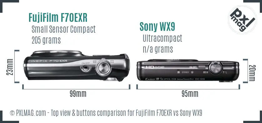 FujiFilm F70EXR vs Sony WX9 top view buttons comparison