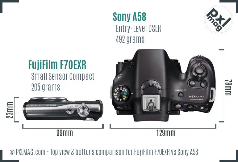 FujiFilm F70EXR vs Sony A58 top view buttons comparison
