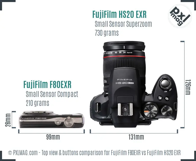 FujiFilm F80EXR vs FujiFilm HS20 EXR top view buttons comparison FujiFilm F80EXR vs FujiFilm HS20 EXR top view buttons comparison