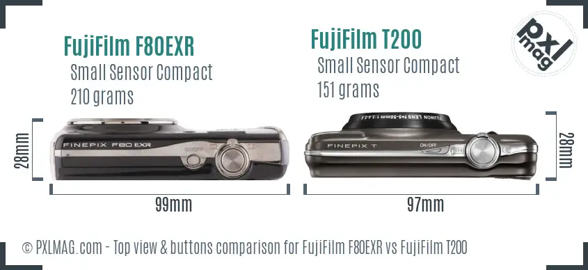 FujiFilm F80EXR vs FujiFilm T200 top view buttons comparison