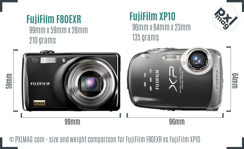 FujiFilm F80EXR vs FujiFilm XP10 size comparison