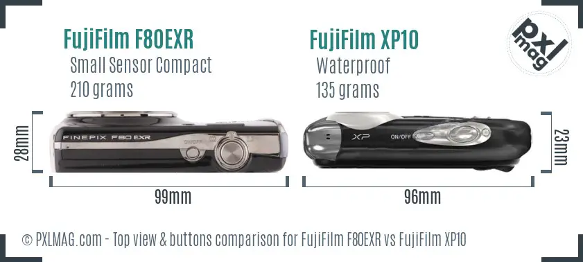 FujiFilm F80EXR vs FujiFilm XP10 top view buttons comparison