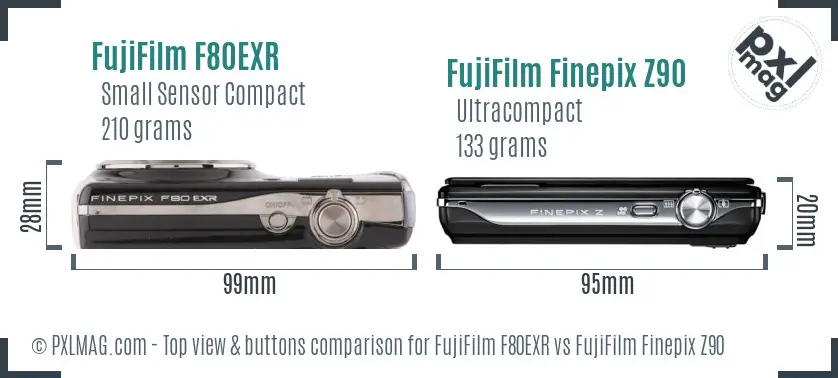 FujiFilm F80EXR vs FujiFilm Finepix Z90 top view buttons comparison FujiFilm F80EXR vs FujiFilm Finepix Z90 top view buttons comparison