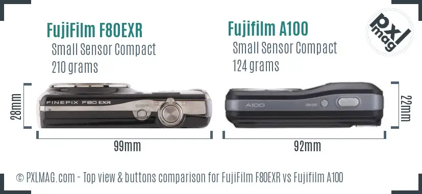 FujiFilm F80EXR vs Fujifilm A100 top view buttons comparison
