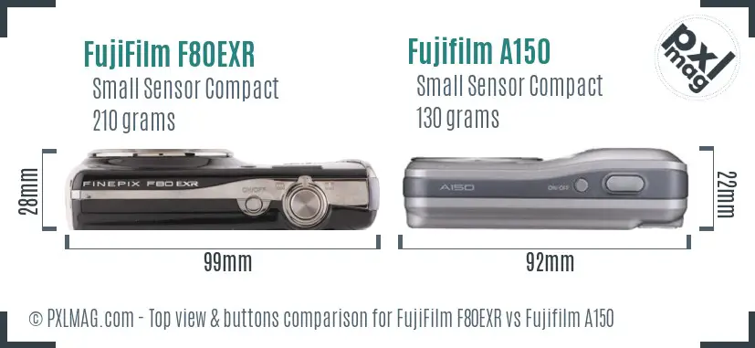 FujiFilm F80EXR vs Fujifilm A150 top view buttons comparison FujiFilm F80EXR vs Fujifilm A150 top view buttons comparison