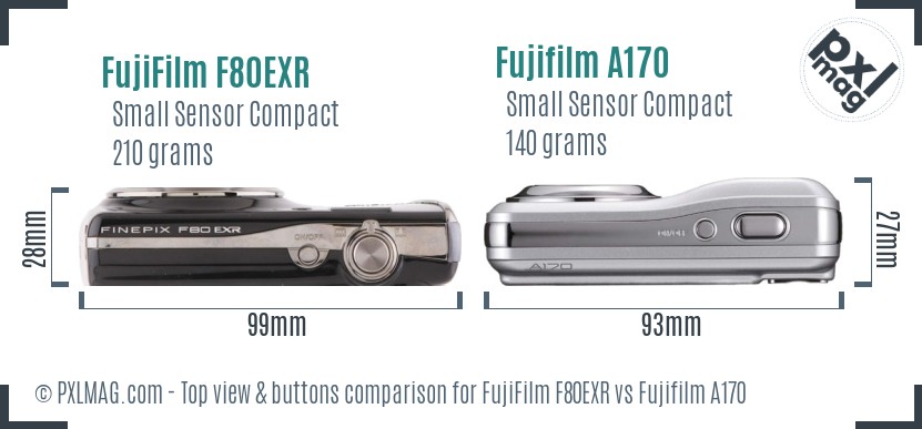 FujiFilm F80EXR vs Fujifilm A170 top view buttons comparison