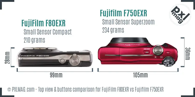 FujiFilm F80EXR vs Fujifilm F750EXR top view buttons comparison