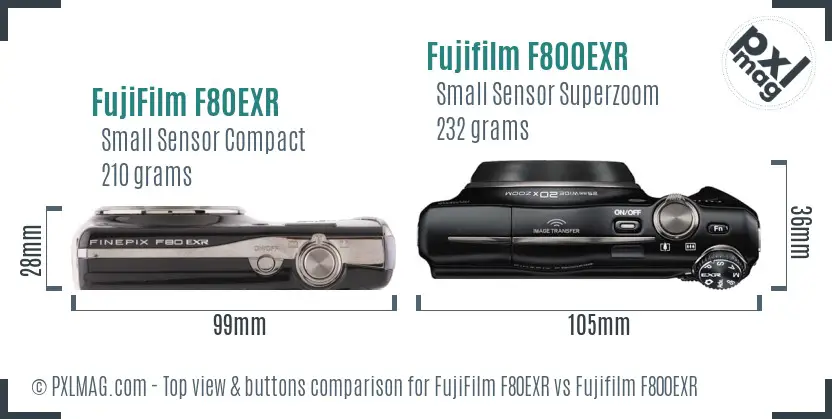 FujiFilm F80EXR vs Fujifilm F800EXR top view buttons comparison