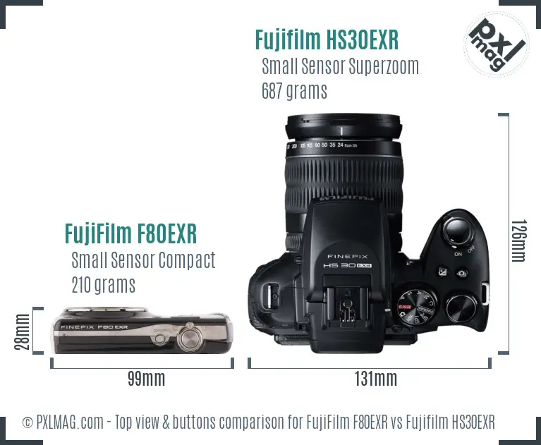 FujiFilm F80EXR vs Fujifilm HS30EXR top view buttons comparison