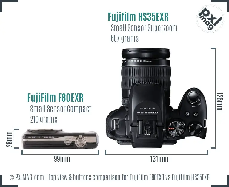 FujiFilm F80EXR vs Fujifilm HS35EXR top view buttons comparison FujiFilm F80EXR vs Fujifilm HS35EXR top view buttons comparison