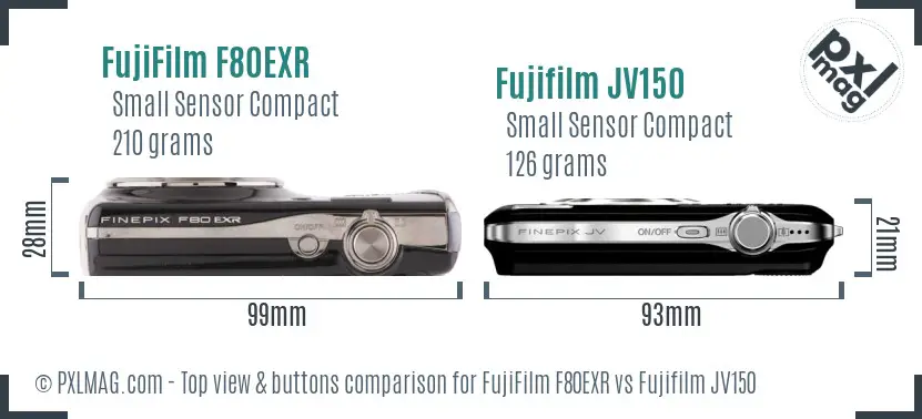 FujiFilm F80EXR vs Fujifilm JV150 top view buttons comparison