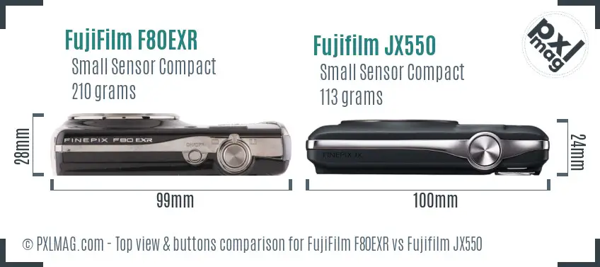 FujiFilm F80EXR vs Fujifilm JX550 top view buttons comparison