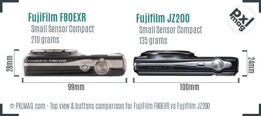 FujiFilm F80EXR vs Fujifilm JZ200 top view buttons comparison FujiFilm F80EXR vs Fujifilm JZ200 top view buttons comparison