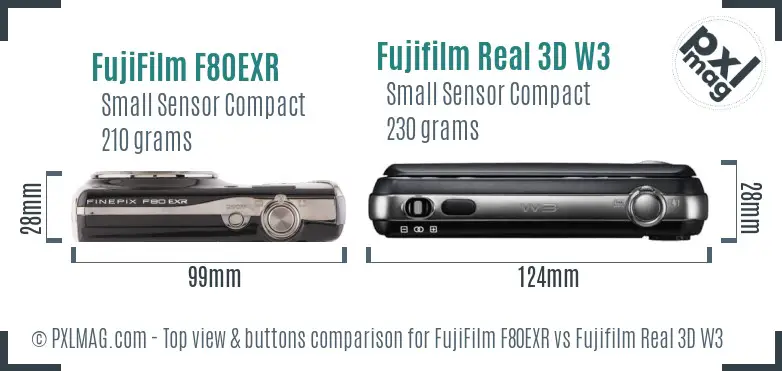 FujiFilm F80EXR vs Fujifilm Real 3D W3 top view buttons comparison