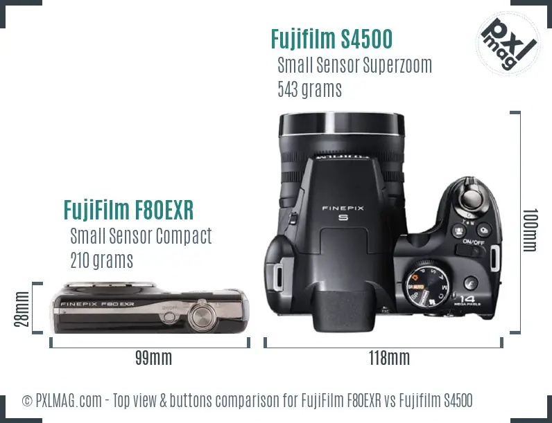 FujiFilm F80EXR vs Fujifilm S4500 top view buttons comparison