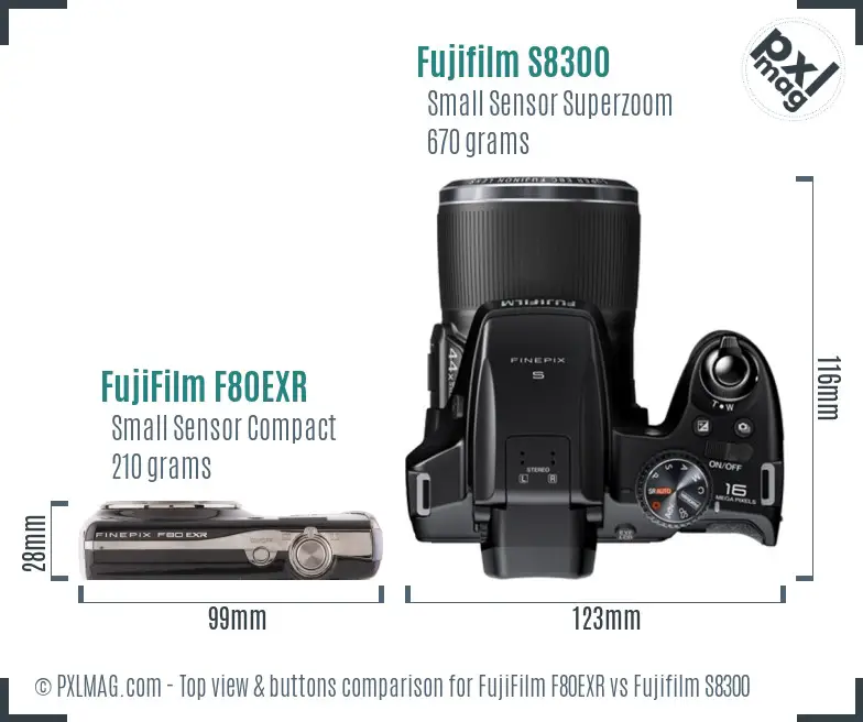 FujiFilm F80EXR vs Fujifilm S8300 top view buttons comparison FujiFilm F80EXR vs Fujifilm S8300 top view buttons comparison
