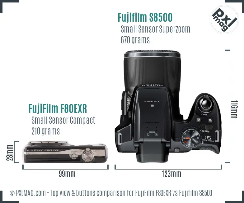FujiFilm F80EXR vs Fujifilm S8500 top view buttons comparison