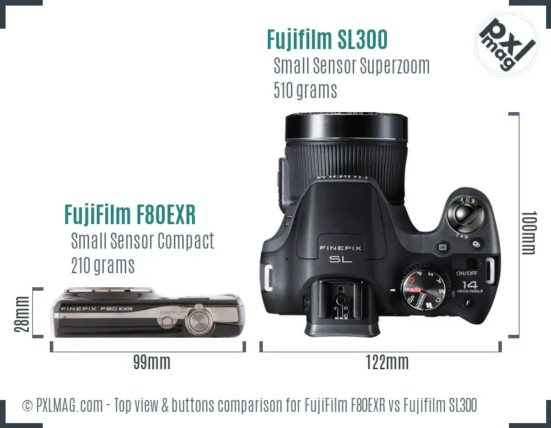 FujiFilm F80EXR vs Fujifilm SL300 top view buttons comparison