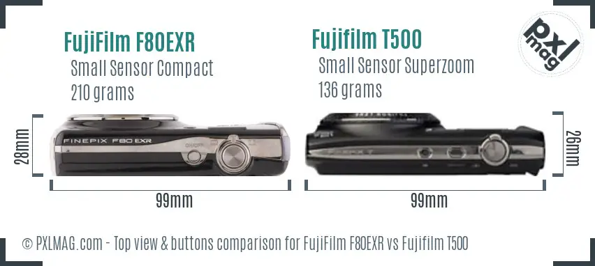 FujiFilm F80EXR vs Fujifilm T500 top view buttons comparison