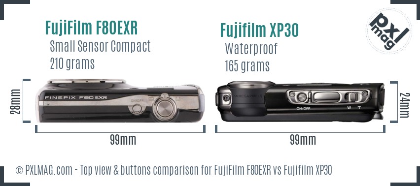 FujiFilm F80EXR vs Fujifilm XP30 top view buttons comparison
