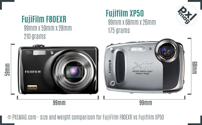 FujiFilm F80EXR vs Fujifilm XP50 size comparison