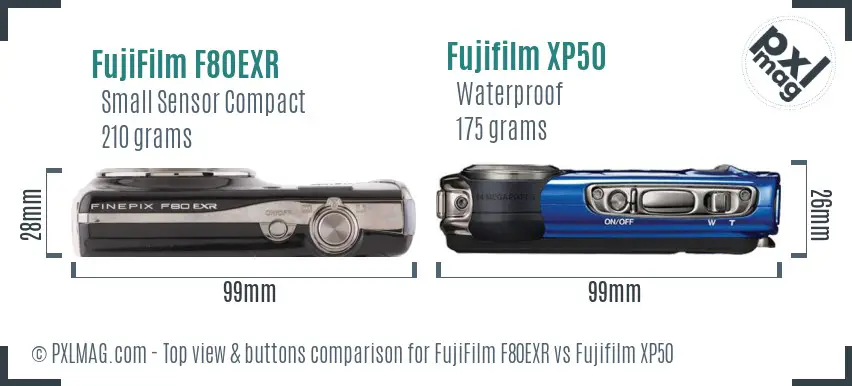 FujiFilm F80EXR vs Fujifilm XP50 top view buttons comparison