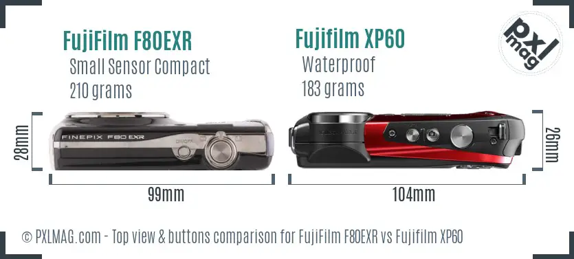 FujiFilm F80EXR vs Fujifilm XP60 top view buttons comparison