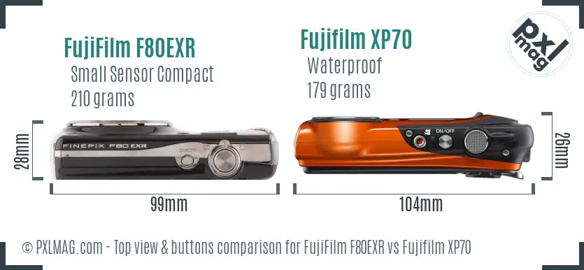 FujiFilm F80EXR vs Fujifilm XP70 top view buttons comparison