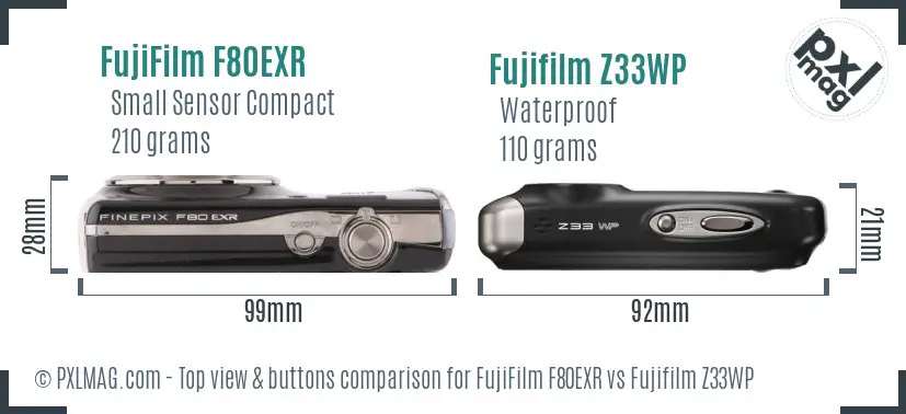 FujiFilm F80EXR vs Fujifilm Z33WP top view buttons comparison