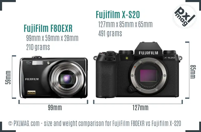 FujiFilm F80EXR vs Fujifilm X-S20 size comparison FujiFilm F80EXR vs Fujifilm X-S20 size comparison