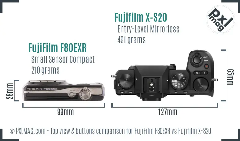 FujiFilm F80EXR vs Fujifilm X-S20 top view buttons comparison FujiFilm F80EXR vs Fujifilm X-S20 top view buttons comparison