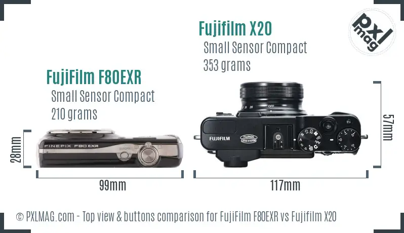 FujiFilm F80EXR vs Fujifilm X20 top view buttons comparison