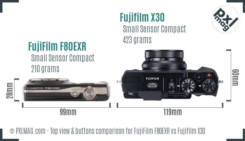 FujiFilm F80EXR vs Fujifilm X30 top view buttons comparison