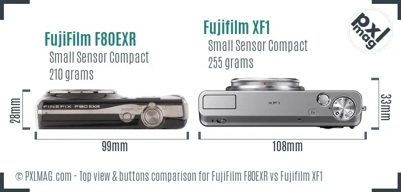 FujiFilm F80EXR vs Fujifilm XF1 top view buttons comparison