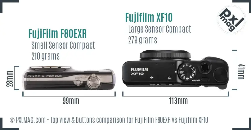 FujiFilm F80EXR vs Fujifilm XF10 top view buttons comparison