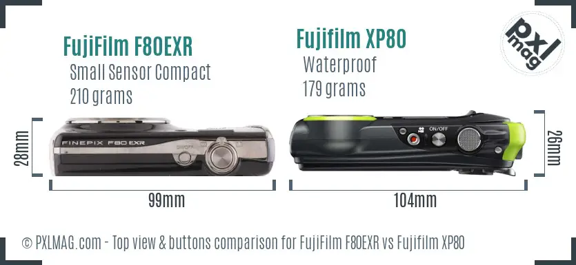 FujiFilm F80EXR vs Fujifilm XP80 top view buttons comparison