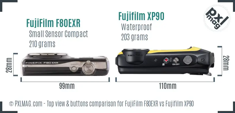 FujiFilm F80EXR vs Fujifilm XP90 top view buttons comparison