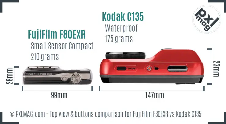 FujiFilm F80EXR vs Kodak C135 top view buttons comparison