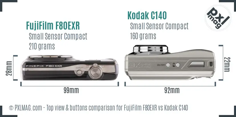 FujiFilm F80EXR vs Kodak C140 top view buttons comparison FujiFilm F80EXR vs Kodak C140 top view buttons comparison