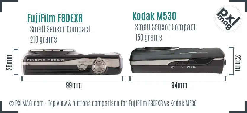 FujiFilm F80EXR vs Kodak M530 top view buttons comparison