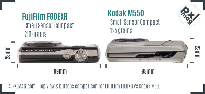 FujiFilm F80EXR vs Kodak M550 top view buttons comparison