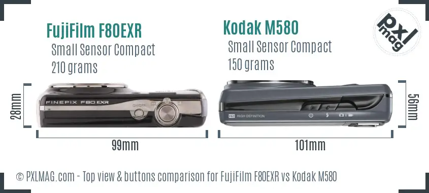 FujiFilm F80EXR vs Kodak M580 top view buttons comparison FujiFilm F80EXR vs Kodak M580 top view buttons comparison