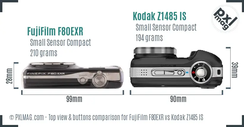 FujiFilm F80EXR vs Kodak Z1485 IS top view buttons comparison