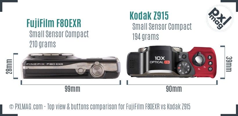 FujiFilm F80EXR vs Kodak Z915 top view buttons comparison