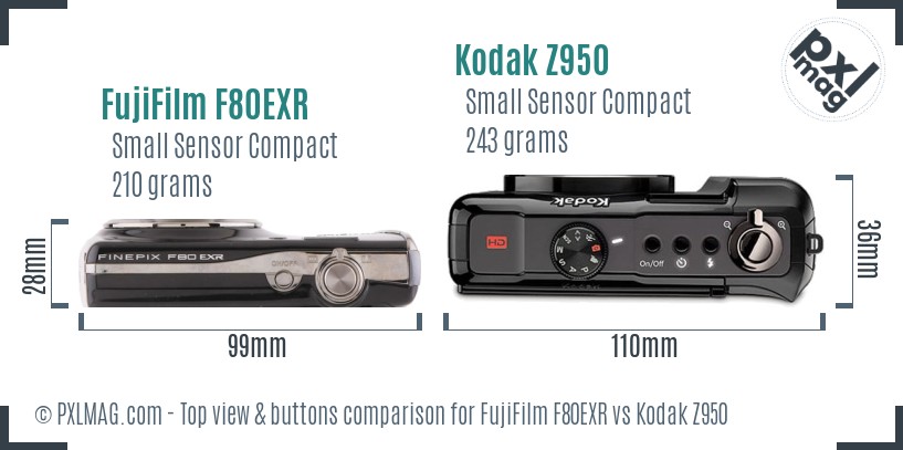 FujiFilm F80EXR vs Kodak Z950 top view buttons comparison