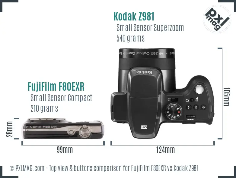FujiFilm F80EXR vs Kodak Z981 top view buttons comparison FujiFilm F80EXR vs Kodak Z981 top view buttons comparison