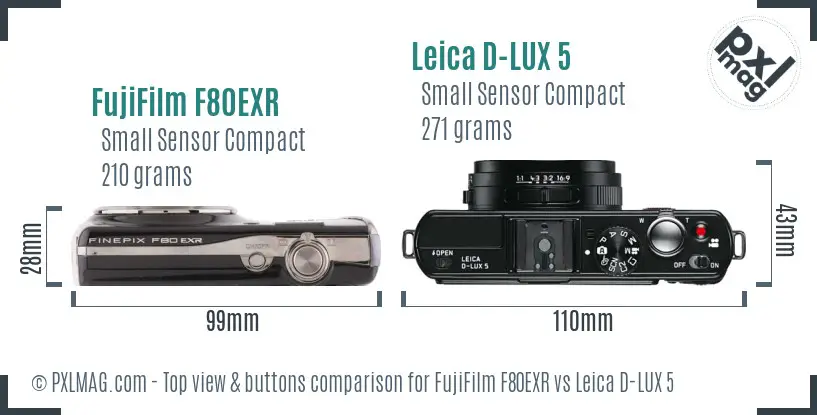 FujiFilm F80EXR vs Leica D-LUX 5 top view buttons comparison