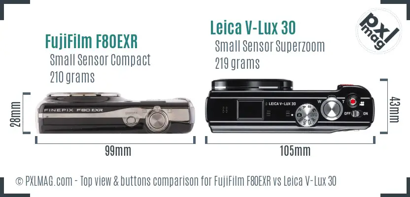 FujiFilm F80EXR vs Leica V-Lux 30 top view buttons comparison
